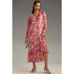 New By Anthropologie Long-Sleeve V-Neck Chiffon Ruffle Midi Dress $168 MEDIUM  - Picture 1 of 4