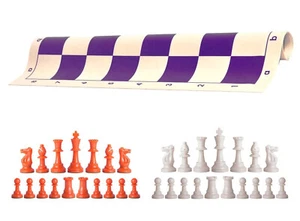 Orange & White Chess Pieces 20" Purple Vinyl Board - Triple Weight Chess Set - Picture 1 of 4