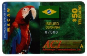 $50. Tarjeta telefónica de 0 especímenes de especies en peligro de extinción de guacamayos - Imagen 1 de 2