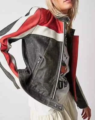 NEW Women Distressed Cafe Racer Jacket  Handmade Genuine Leather Striped Jacket - Image 1 of 4