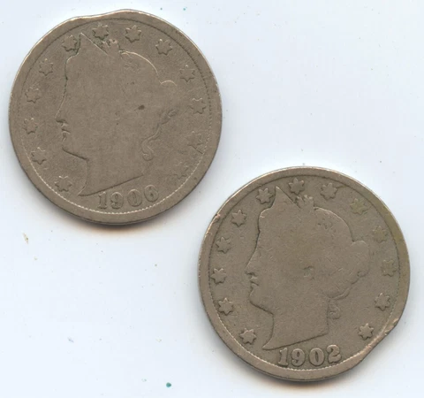 Error 1902 & 1906 Liberty 5C (#6564) Both with Planchet Clips Cover