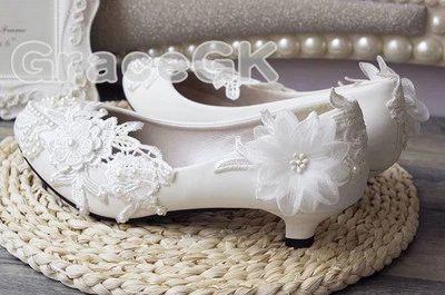 Lace white ivory crystal Wedding shoes Bridal flats low high heel pump size 5-12 - Image 1 of 4