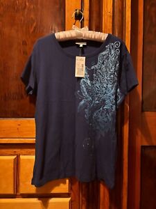 Fashion Bug Dark Blue T-Shirt with Floral Design + Rhinestones Size XL NWT