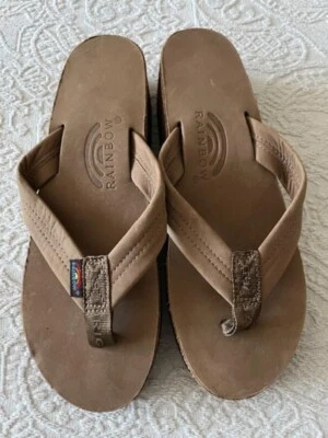 Rainbow Leather Flip Flops Sandals Womens 10 L Six Layer Wedge 1" Strap - Image 1 of 4