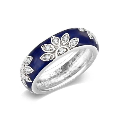 Anillo banda flor esmalte azul 5mm apilable circonita cúbica rodio Foto 1 de 4