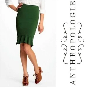 Anthropologie HD IN PARIS Flounce Hem Pencil Skirt Womens 4 Green $128 Ruffle  - Picture 1 of 9