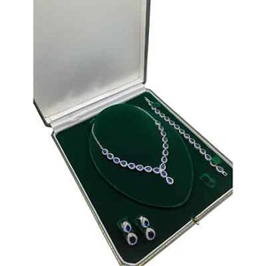 White Gold Finish Blue Sapphire Pear Cut and Created Diamond Set Free Gift Box - Picture 1 of 5
