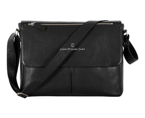 Laptop Messenger Bag Black Cowhide Leather Briefcase Shoulder Office Travel Bag - Picture 1 of 9