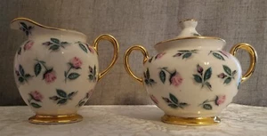 Vintage Zuckerdose und Milchkännchen: rosa Rosen, grüne Blätter, Goldrand - Bild 1 von 11