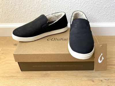 NIB OLUKAI Lava Rock Black Leather PEHUEA HEU Shearling Lined Slip On Sneakers 6 - Image 1 of 4