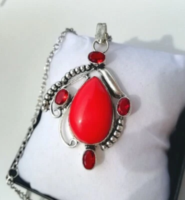 COLLANA PENDENTE CORALLO ROSSO SARDO NATURALE E GRANATO IN ARGENTO MASSICCIO 925 - Immagine 1 di 4