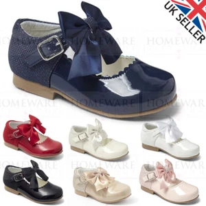 Girls Bow Shoes Mary Jane Spanish Style Shoes Shiny Patent White Uk Designer - Picture 1 of 17