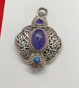 SPECTACULAR SARDA@ STERLING SILVER PENDANT WITH 3 STONES AND FLORAL MOTIF - Picture 1 of 11