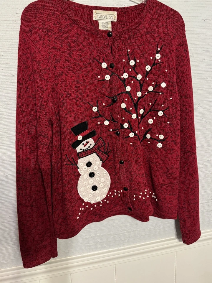 Cárdigan suéter vintage Mandal Bay para mujer talla S rojo muñeco de nieve vacaciones divertido o feo Foto 1 de 4