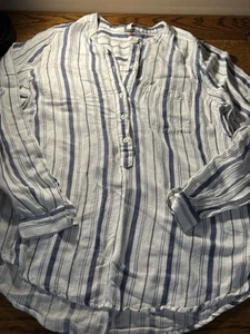 LUCKY BRAND Blue/White Striped 1/2 Button Tab Sleeve Cotton/Modal Top M - Picture 1 of 11