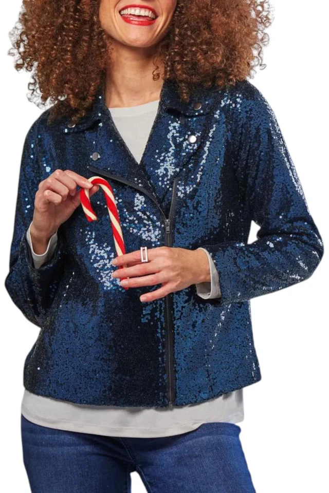 Chaqueta de moto Colleen Lopez para mujer de lujo con lentejuelas azul Foto 1 de 1