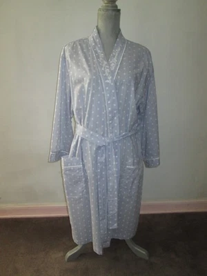 MISS ELAINE Blue White Polka Dot Embroidered Cotton Tie Belted Robe ~ XL - Image 1 of 4