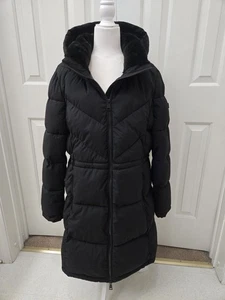 DKNY Women's Hooded Zippered Puffer Coat Solid Black Size XL Zipper Hood Fauxfur - Picture 1 of 21