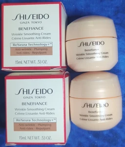 2 x Shiseido Benefiance Wrinkle Smoothing Cream .53 oz each travel size NEW - Imagen 1 de 2