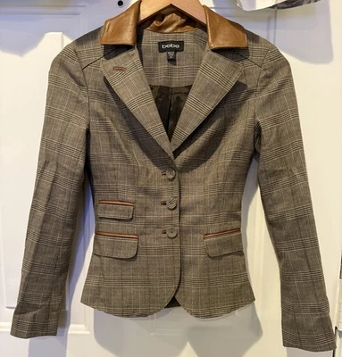 Chaqueta Blazer Bebe Pata de Gallo Borde Cuero Cuadros Vintage Y2K Talla 00 Foto 1 de 4