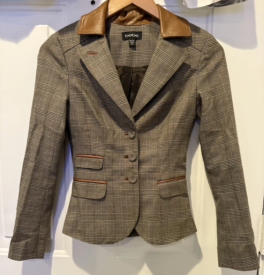 Chaqueta Blazer Bebe Pata de Gallo Borde Cuero Cuadros Vintage Y2K Talla 00 Foto 1 de 4