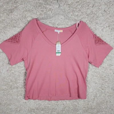 C&C California Shirt Womens Large Crochet Shoulder Short Sleeve Soft Tee Top - Image 1 of 4