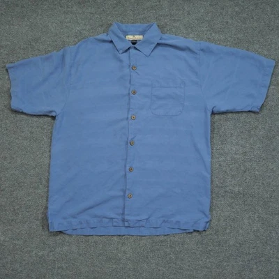 Camisa Tommy Bahama Para Hombres Mediana Azul Abotonada Seda Hawaiana Cuello Lazo Campamento Foto 1 de 4
