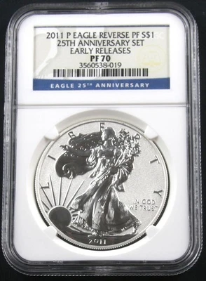 P Silver Eagle 2011 prueba inversa NGC PF 70 25 aniversario conjunto lanzamiento anticipado Foto 1 de 4