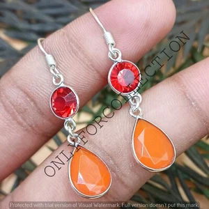Red Faceted Topaz & Mix Glass 925 Sterling Silver Plated 1 Pair Hook Earring - Picture 1 of 3