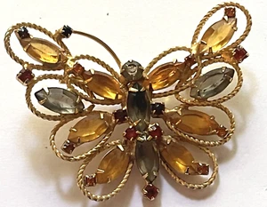 1960's Butterfly Brooch Gold Tone Multi Colors Stones Vintage - Picture 1 of 21