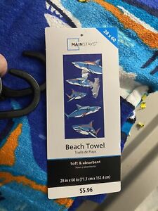 Mainstays Beach Towel 28X60"  Blue Sharks Soft & Absorbent