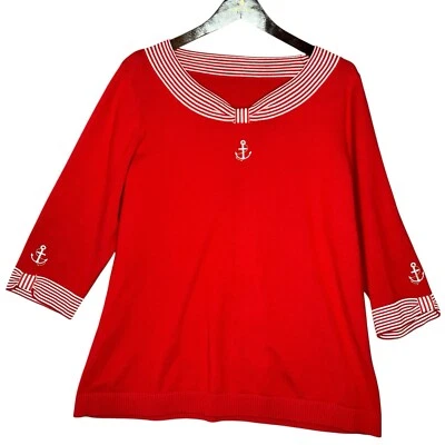 Red Nautical Boat Neck Sailor Girl Anchors Away 100% Cotton Knit Sweater Tunic L - Image 1 of 4