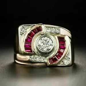 3 Ct Round Cut Lab Created Red Ruby Men's Engagement Ring 14K Yellow Gold Finish - Picture 1 of 3