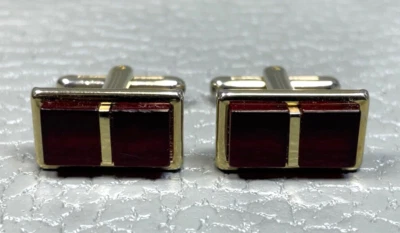 Vintage Center Strapped Red Lucite Yellow Gold Plated Cuff Links - Image 1 of 3