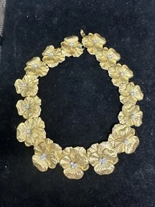 Vintage Pansies Flower Rhinestone Gilded Gilt Gold Link Collar Necklace - Picture 1 of 8