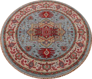 Blue Geometric Heriz-Serapi Indian Round Rug 5x5 Wool Hand-knotted Oriental Rug - Picture 1 of 17