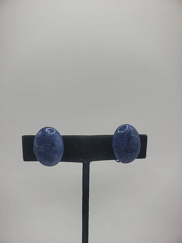 Vintage Earrings Clip On Sodalite Stone Gold Tone Jewelry Costume - Image 1 of 4