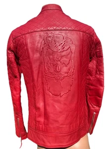 Est.1988 NIK Men’s Red Leather Biker Jacket Size S Skull Back Detail - Picture 1 of 16