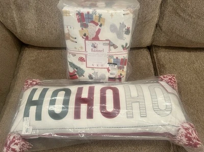 Juego de sábanas Pottery Barn Kids Holiday Woodland Santa franela Queen y almohada Ho Ho Ho Foto 1 de 4