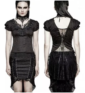 PUNK RAVE GOTH Blusa Negra Gargantilla Encaje Cola de Golondrina Bordada Cuello Alto XS - Imagen 1 de 13