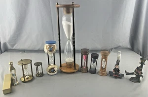 Lotto di 9 timer sabbia da 2" a 11" clessidra uova alte e 1 apribottiglie in ghisa - Foto 1 di 20