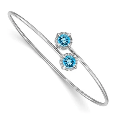 14k White Gold Round Blue Topaz & Diamond Flexible Bangle 7" - Image 1 of 3