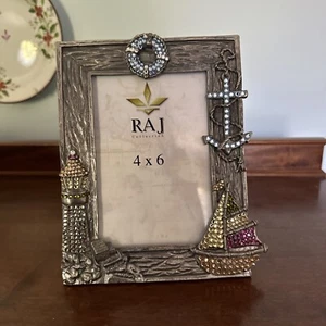 Raj Picture Frame 4 X 6 Nautical Ocean Coastal Decor Rhinestone Silver Metal - Picture 1 of 9