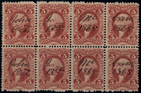 United States Revenue Stamps R28c Playing Cards Block of 8 $400 Scott as 2 4s Cover