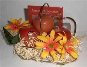 Autumn Harvest APPLES & CINNAMON Glass Burning Plate, Brass Basket, Sachet Gift - Picture 1 of 5