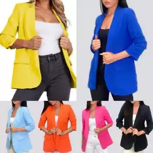 Womens Ruched Sleeve Blazer Collared Casual Formal Lined Jacket Ladies Top - Picture 1 of 16