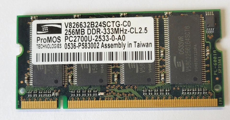ProMOS 256MB DDR 333 MHz PC2700U SO DIMM V826632B24SCTG-C0 HP 367773 - Image 1 of 2