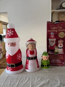 Holiday Light Up Nesting Dolls Santa Elf Mrs Claus Blow Molds With Lights - Picture 1 of 9