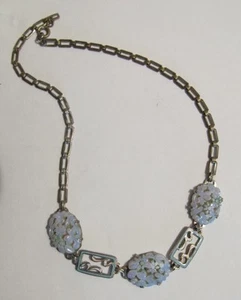 VINTAGE ART DECO RHODIUM ANTIK EMAILLE BLAU KUNSTGLAS BLUMEN HALSKETTE GERMANY  - Bild 1 von 5