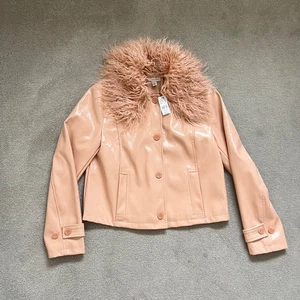 Women's New with Tags Topshop Pink Mongolian Fur Vinyl Penny Lane Jacket Size 12 - Picture 1 of 9